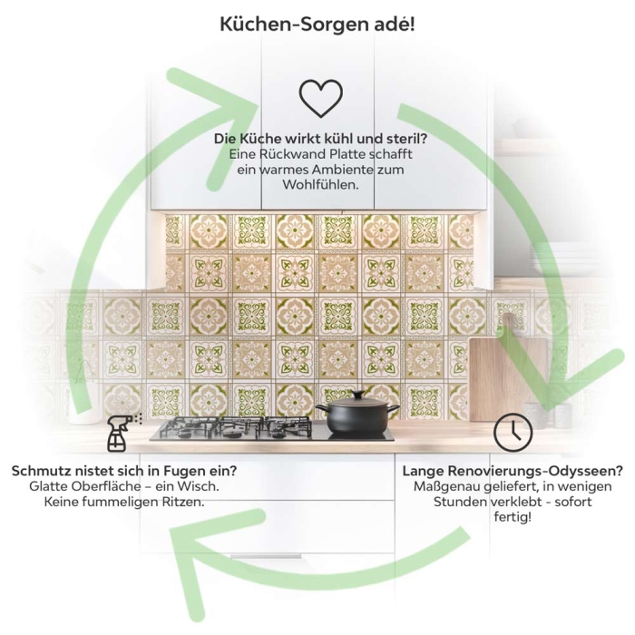 Küchenrückwand Platte Beige Grüne Fliesen im Vintage Look Produktdetailbild 1: Küchen-Sorgen ade!