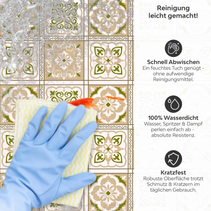 Küchenrückwand Platte Beige Grüne Fliesen im Vintage Look Produktdetailbild 3: Reinigung leicht gemacht!