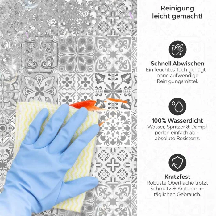 Küchenrückwand Platte Graue Patchwork Produktdetailbild 3: Reinigung leicht gemacht!