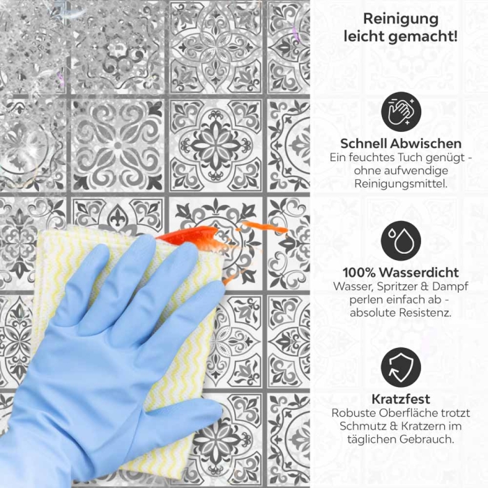 Küchenrückwand Platte Klassische Azulejo‑Kacheln in Grautönen Produktdetailbild 3: Reinigung leicht gemacht!