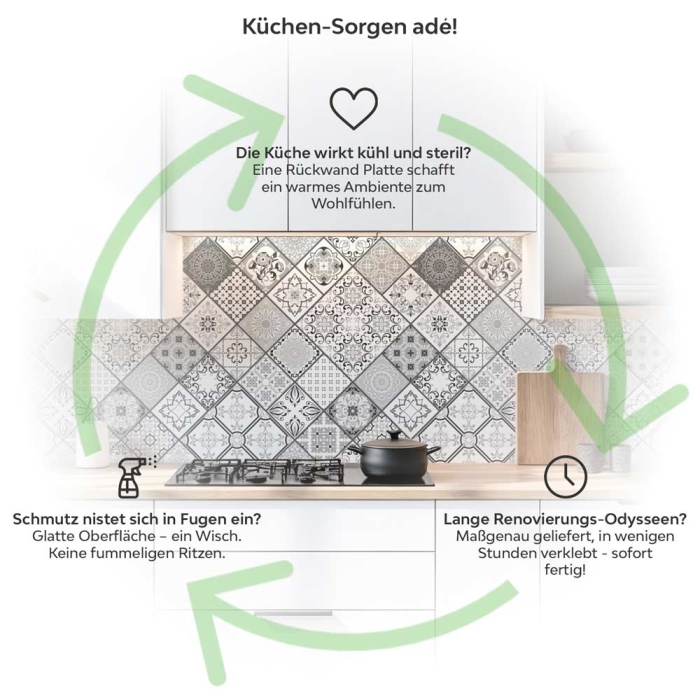 Küchenrückwand Platte Monochrome Rauten Kacheln im Azulejo‑Look Produktdetailbild 1: Küchen-Sorgen ade!