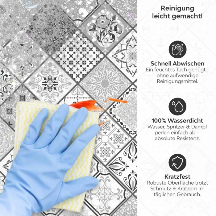 Küchenrückwand Platte Monochrome Rauten Kacheln im Azulejo‑Look Produktdetailbild 3: Reinigung leicht gemacht!
