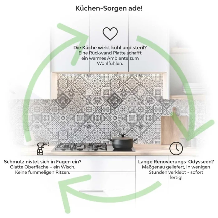 Küchenrückwand Platte Portugiesische Raute Kacheln in Grau Produktdetailbild 1: Küchen-Sorgen ade!