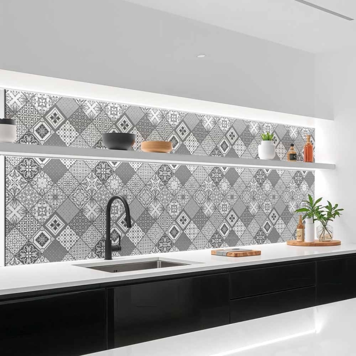 Küchenrückwand Platte Monochrome Azulejo‑Rauten in Grau Artikelbild 1