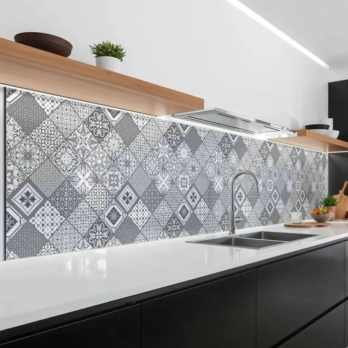 Küchenrückwand Platte Monochrome Azulejo‑Rauten in Grau Hauptbild 1