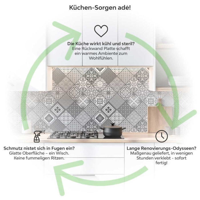Küchenrückwand Platte Monochrome Azulejo‑Rauten in Grau Produktdetailbild 1: Küchen-Sorgen ade!