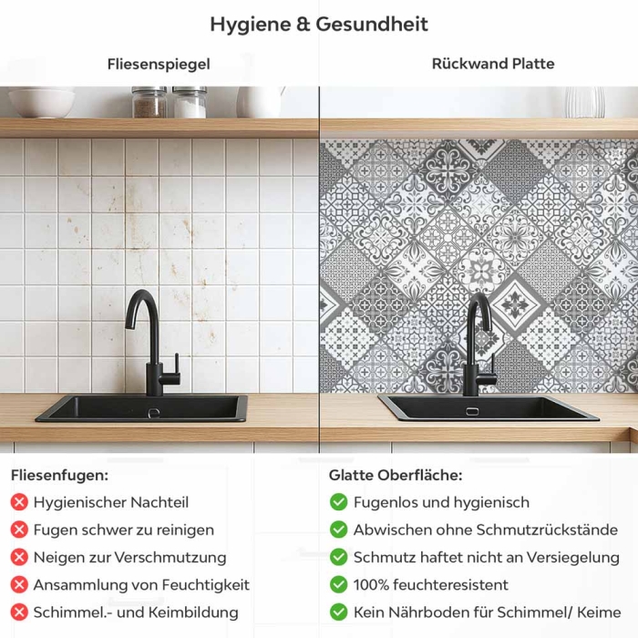 Küchenrückwand Platte Monochrome Azulejo‑Rauten in Grau Produktdetailbild 2: Hygiene und Gesundheit!