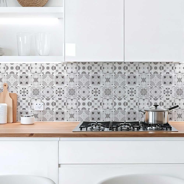 Küchenrückwand Platte | Klassisches Patchwork in dezentem Grauton