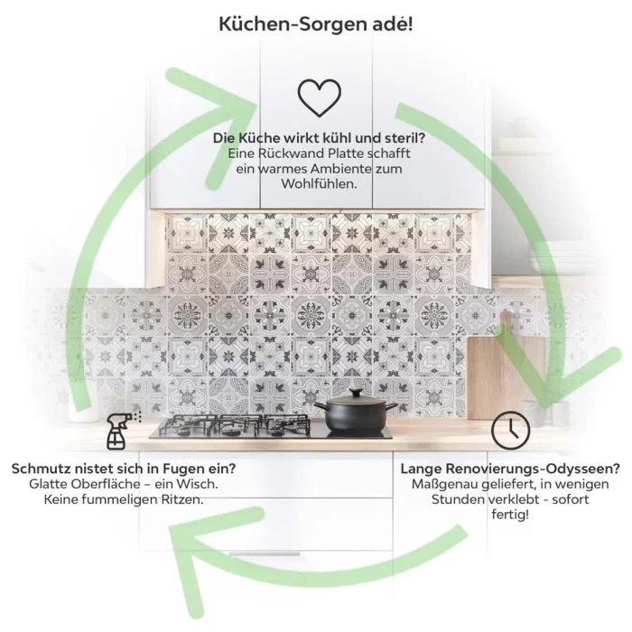 Küchenrückwand Platte Klassisches Patchwork in dezentem Grauton Produktdetailbild 1: Küchen-Sorgen ade!