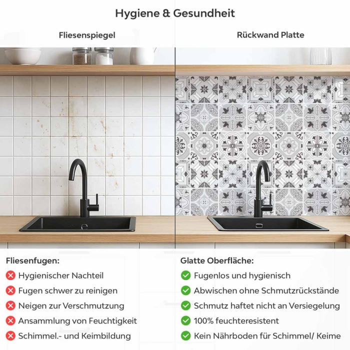 Küchenrückwand Platte Klassisches Patchwork in dezentem Grauton Produktdetailbild 2: Hygiene und Gesundheit!