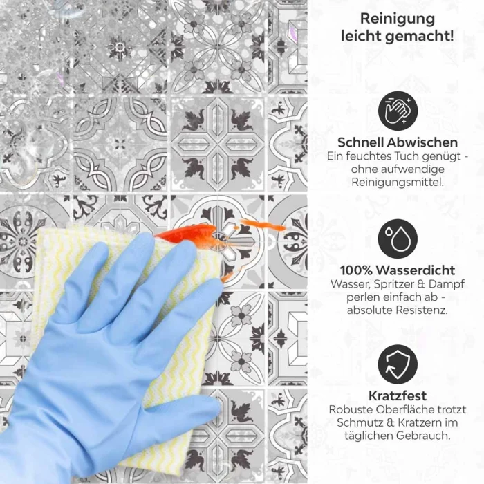 Küchenrückwand Platte Klassisches Patchwork in dezentem Grauton Produktdetailbild 3: Reinigung leicht gemacht!