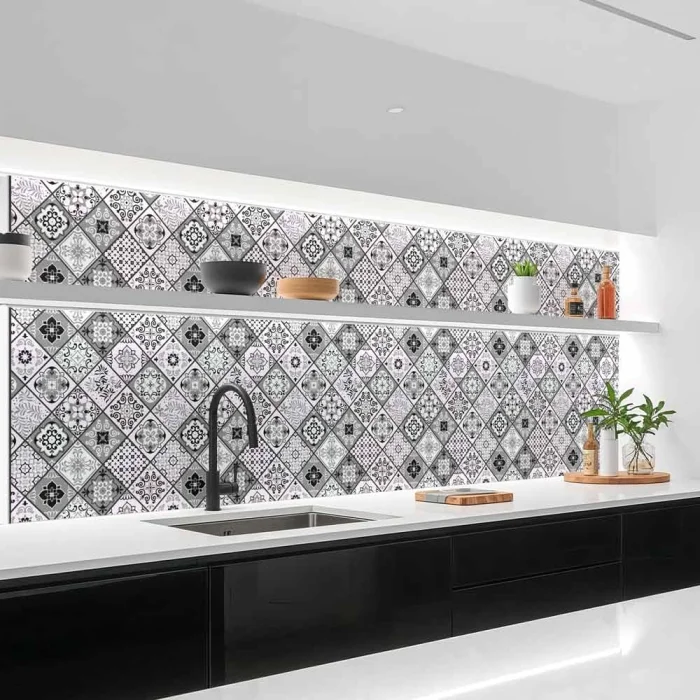 Küchenrückwand Platte Portugiesische Fliesenoptik in Graustufen Artikelbild 1