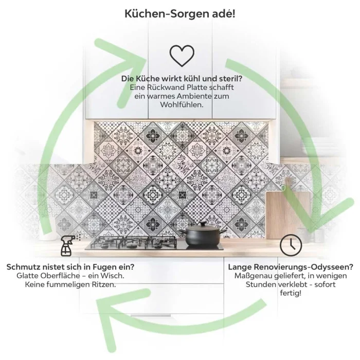 Küchenrückwand Platte Portugiesische Fliesenoptik in Graustufen Produktdetailbild 1: Küchen-Sorgen ade!