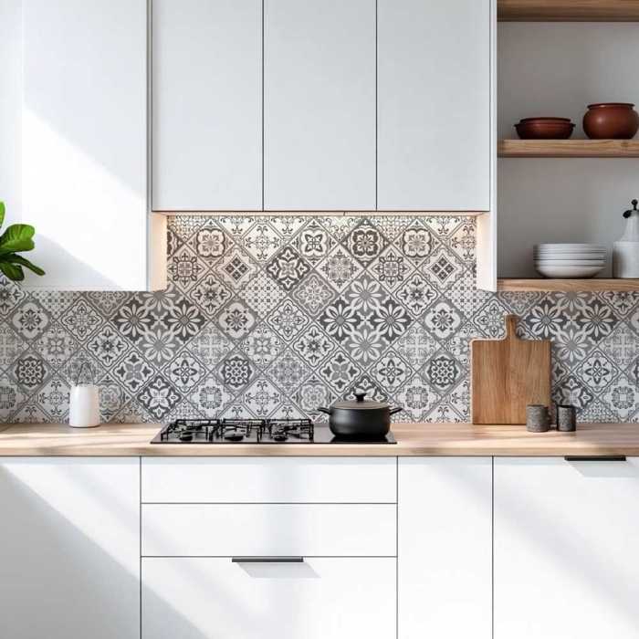 Küchenrückwand Platte | Filigranes Rauten‑Mosaik in Grau