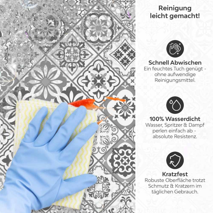 Küchenrückwand Platte Filigranes Rauten‑Mosaik in Grau Produktdetailbild 3: Reinigung leicht gemacht!