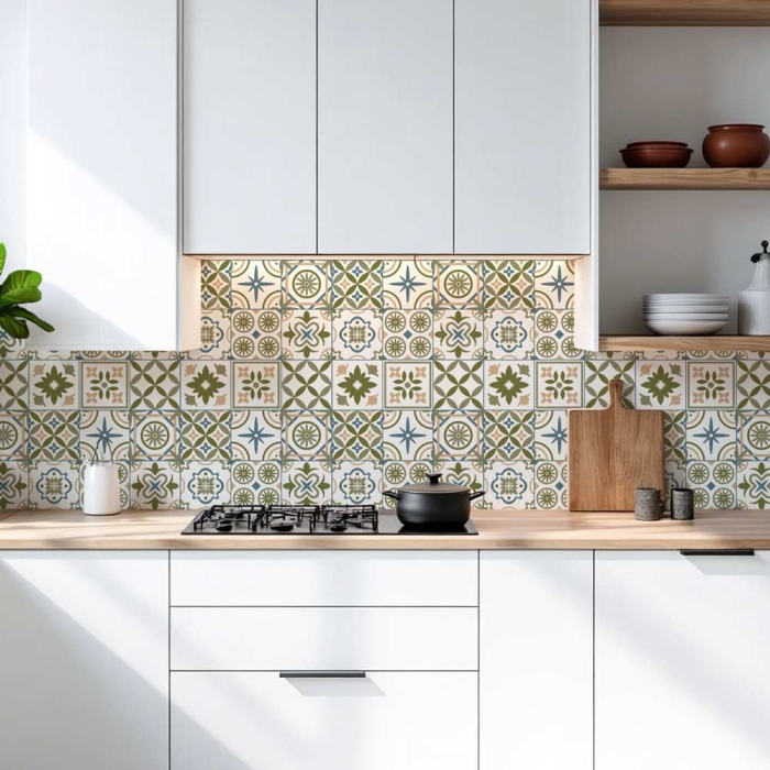 Küchenrückwand Platte Olivgrün‑Weiß Mediterranes Fliesenmuster Artikelbild 1