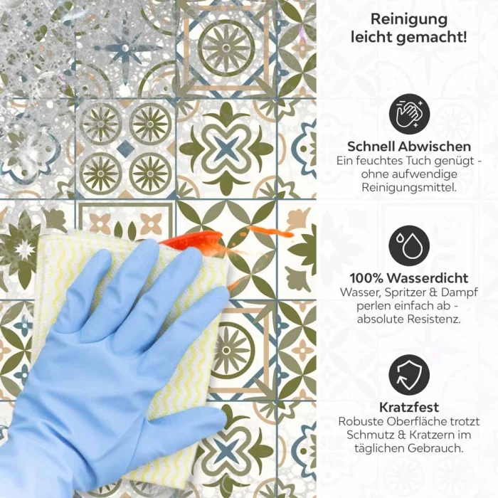 Küchenrückwand Platte Olivgrün‑Weiß Mediterranes Fliesenmuster Produktdetailbild 3: Reinigung leicht gemacht!