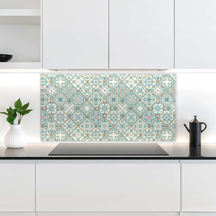 Küchenrückwand Platte Mediterrane Diamantmuster in Türkis & Rot Artikelbild 2