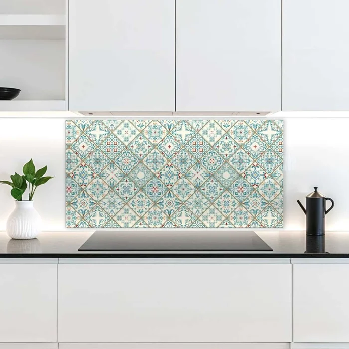 Küchenrückwand Platte Mediterrane Diamantmuster in Türkis & Rot Artikelbild 2