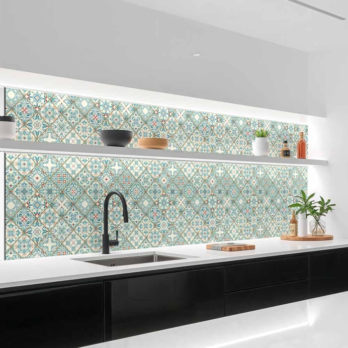 Küchenrückwand Platte | Mediterrane Diamantmuster in Türkis & Rot