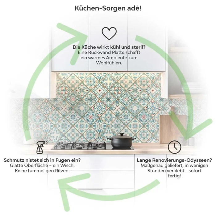 Küchenrückwand Platte Mediterrane Diamantmuster in Türkis & Rot Produktdetailbild 1: Küchen-Sorgen ade!