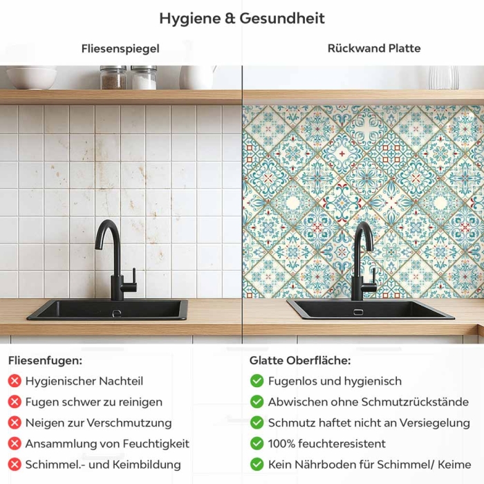 Küchenrückwand Platte Mediterrane Diamantmuster in Türkis & Rot Produktdetailbild 2: Hygiene und Gesundheit!
