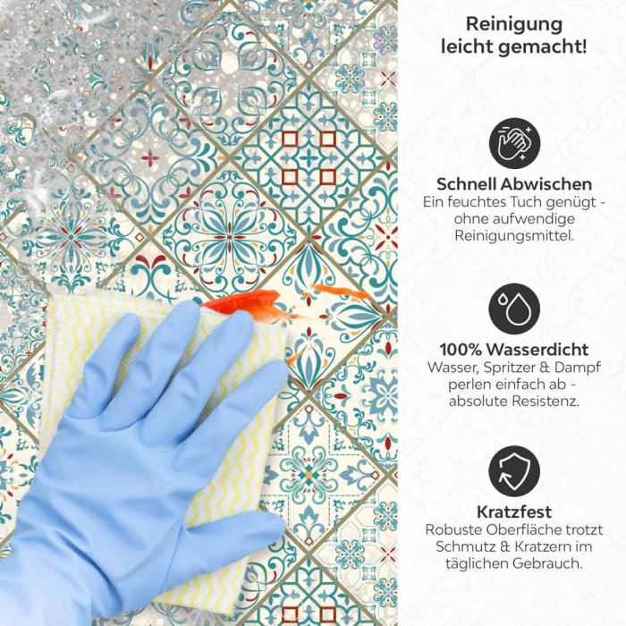 Küchenrückwand Platte Mediterrane Diamantmuster in Türkis & Rot Produktdetailbild 3: Reinigung leicht gemacht!