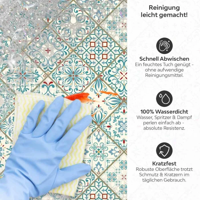 Küchenrückwand Platte Mediterrane Diamantmuster in Türkis & Rot Produktdetailbild 3: Reinigung leicht gemacht!