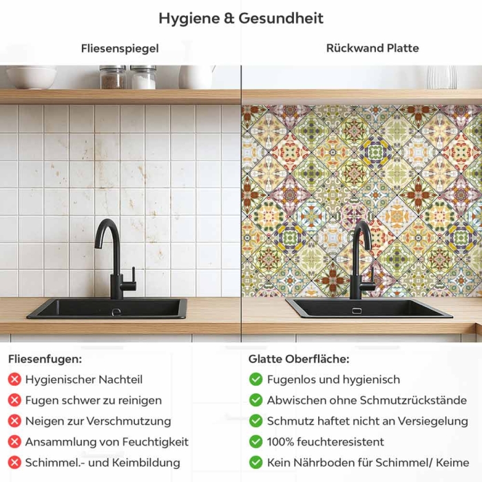 Küchenrückwand Platte Mosaik Patchwork Vintage Produktdetailbild 2: Hygiene und Gesundheit!