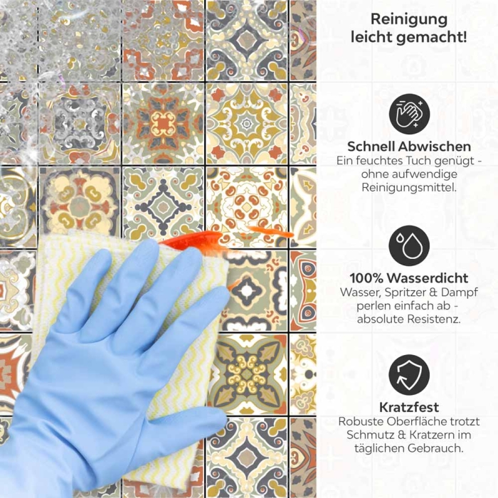 Küchenrückwand Platte Fliesenmuster in warmen Naturfarben Produktdetailbild 3: Reinigung leicht gemacht!