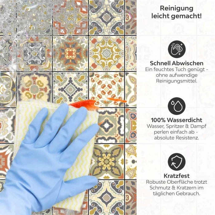 Küchenrückwand Platte Fliesenmuster in warmen Naturfarben Produktdetailbild 3: Reinigung leicht gemacht!