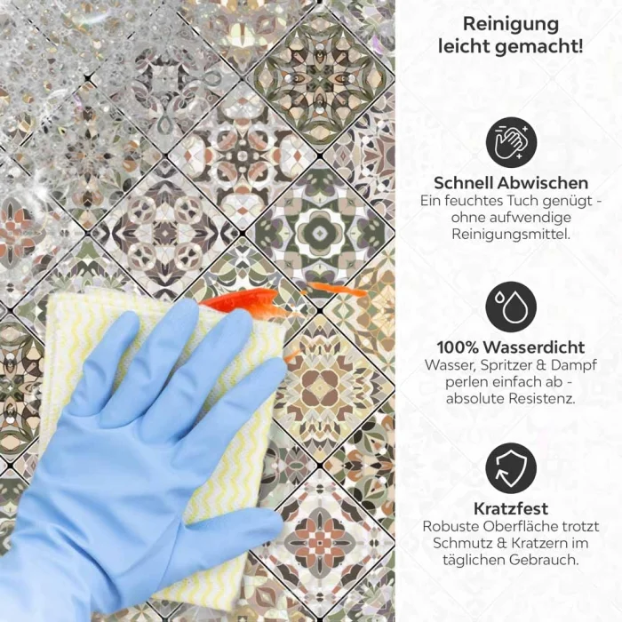 Küchenrückwand Platte Erdiges Olivgrün & Zartes Salbeigrün Patchwork Produktdetailbild 3: Reinigung leicht gemacht!