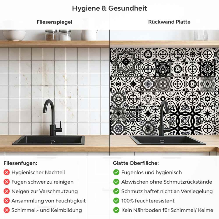 Küchenrückwand Platte Vintage Azulejo Black & White Produktdetailbild 2: Hygiene und Gesundheit!