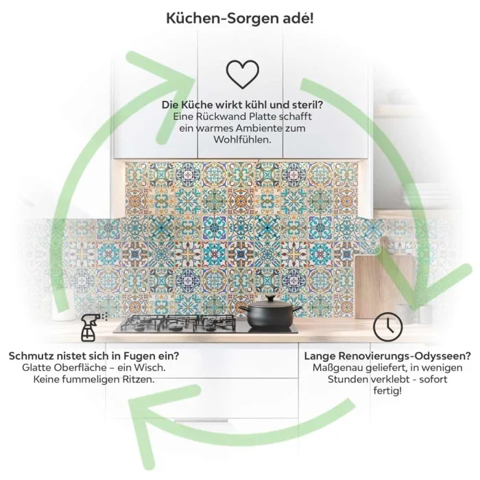 Küchenrückwand Platte Portugiesische Mediterranoptik Produktdetailbild 1: Küchen-Sorgen ade!