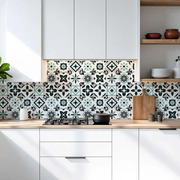 Küchenrückwand Platte Türkis Schwarz Patchwork Kachel Look Hauptbild 1