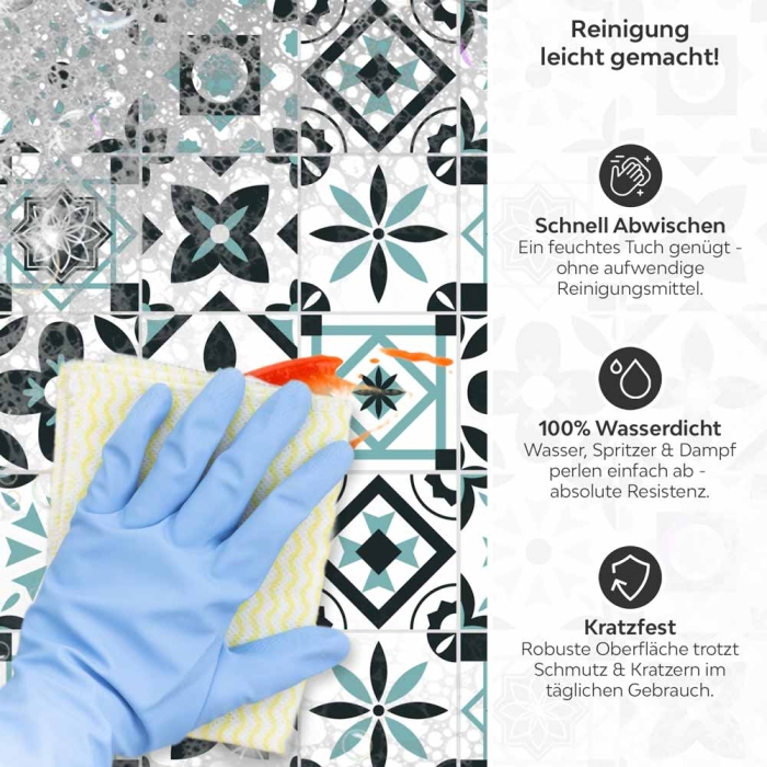 Küchenrückwand Platte Türkis Schwarz Patchwork Kachel Look Produktdetailbild 3: Reinigung leicht gemacht!