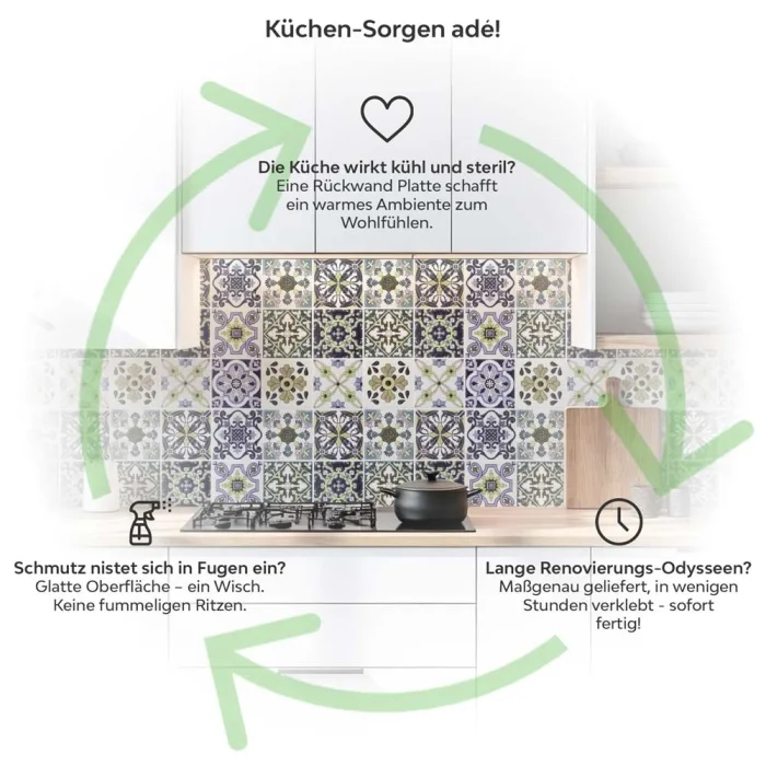 Küchenrückwand Platte Lavendel‑Olive Mosaik im Azulejo‑Stil Produktdetailbild 1: Küchen-Sorgen ade!