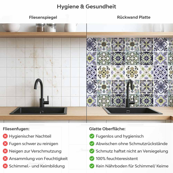 Küchenrückwand Platte Lavendel‑Olive Mosaik im Azulejo‑Stil Produktdetailbild 2: Hygiene und Gesundheit!