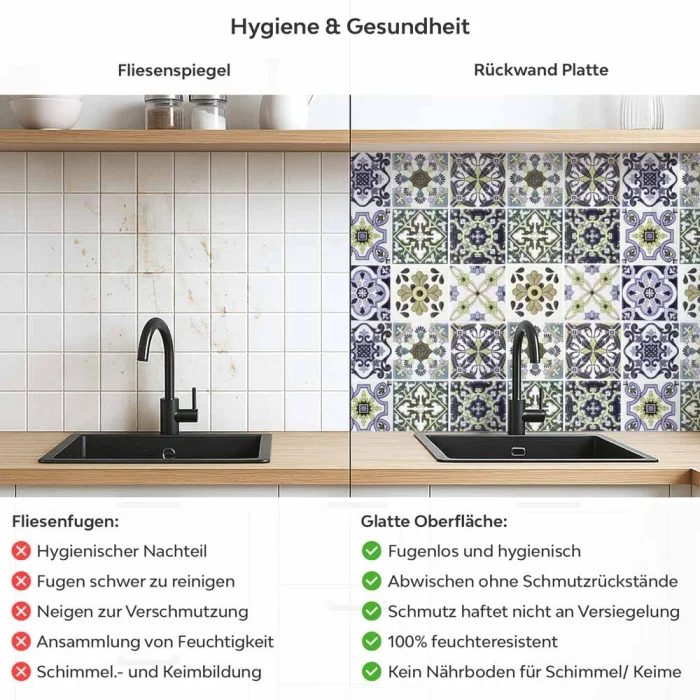 Küchenrückwand Platte Lavendel‑Olive Mosaik im Azulejo‑Stil Produktdetailbild 2: Hygiene und Gesundheit!