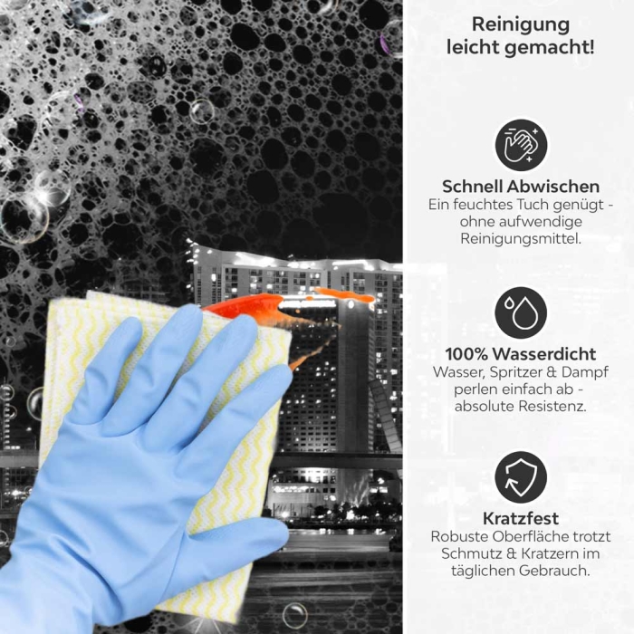 Küchenrückwand Platte Stadt bei Nacht Produktdetailbild 3: Reinigung leicht gemacht!