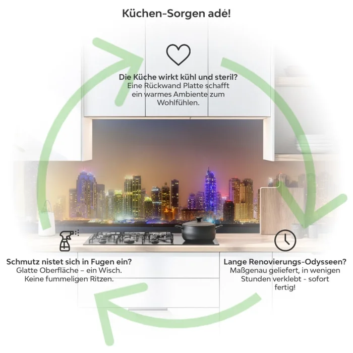 Küchenrückwand Platte Skylines im Schimmer der Nacht Produktdetailbild 1: Küchen-Sorgen ade!