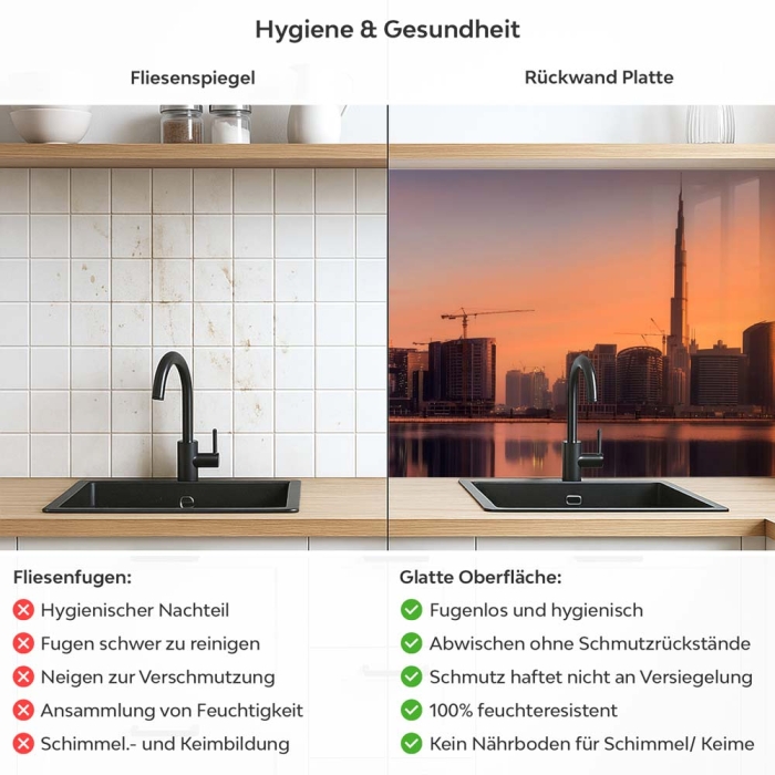 Küchenrückwand Platte Skylines im Morgenrot Produktdetailbild 2: Hygiene und Gesundheit!