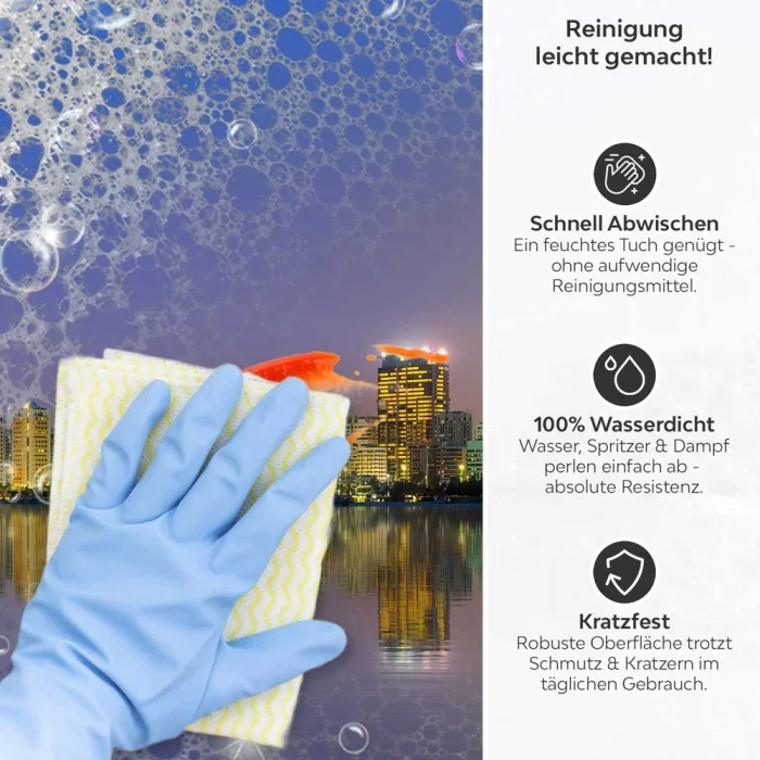 Küchenrückwand Platte Abu-Dhabi im nächtlichem Glanz Produktdetailbild 3: Reinigung leicht gemacht!