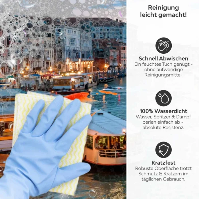 Küchenrückwand Platte Italienische Altstadtidylle Produktdetailbild 3: Reinigung leicht gemacht!