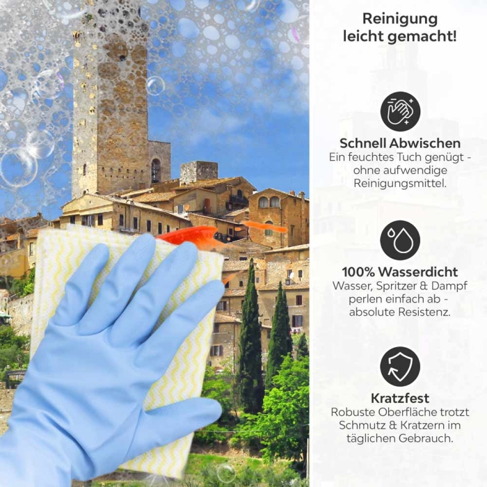 Küchenrückwand Platte Altstadt mit mediterranem Charme Produktdetailbild 3: Reinigung leicht gemacht!