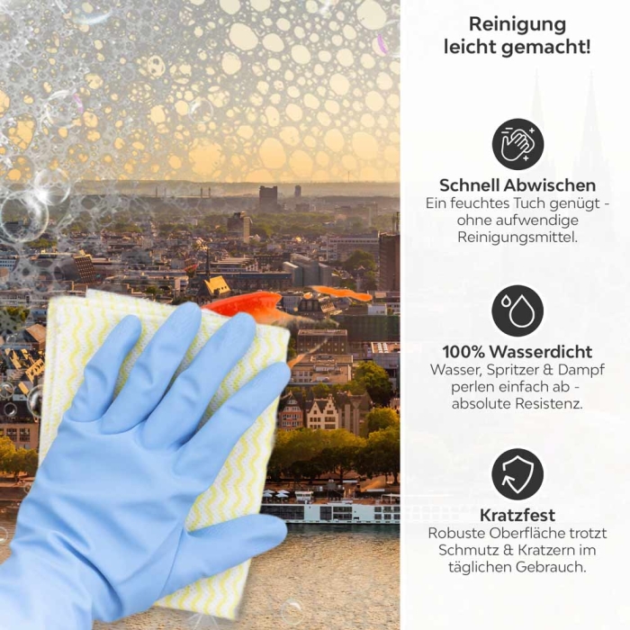 Küchenrückwand Platte Kölns Ufer im sanften Dämmerlicht Produktdetailbild 3: Reinigung leicht gemacht!
