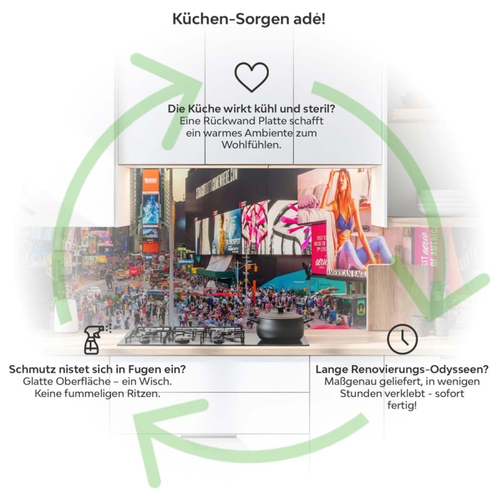 Küchenrückwand Platte Time Square bei Nacht Produktdetailbild 1: Küchen-Sorgen ade!
