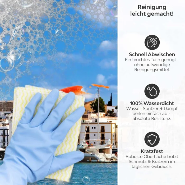 Küchenrückwand Platte Hafen an der Spanischen Küste Produktdetailbild 3: Reinigung leicht gemacht!