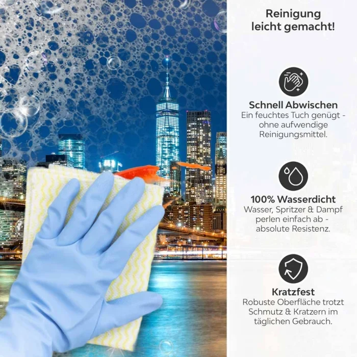 Küchenrückwand Platte Nächtliche Perspektive zur Stadt Produktdetailbild 3: Reinigung leicht gemacht!