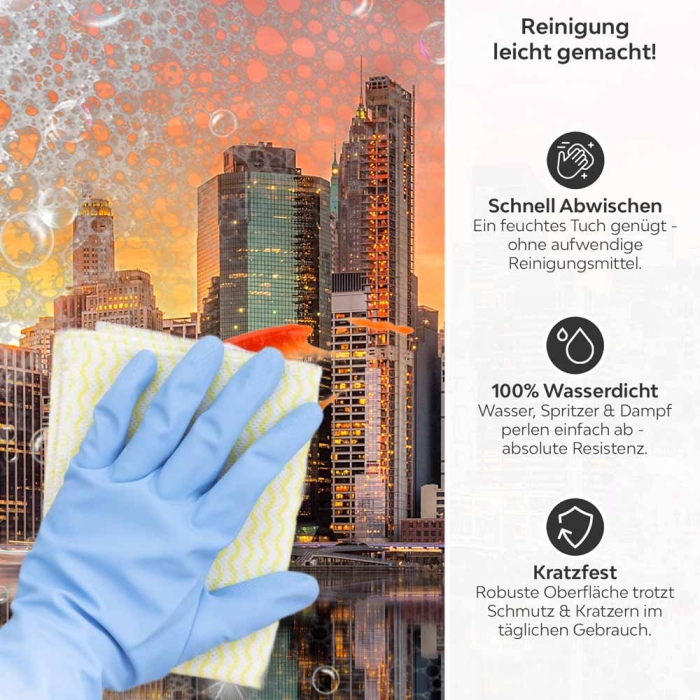 Küchenrückwand Platte Zwei Brücken im Abendrot Schein Produktdetailbild 3: Reinigung leicht gemacht!